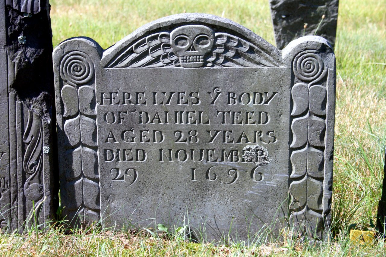 1696 slate headstone of Daniel Teed