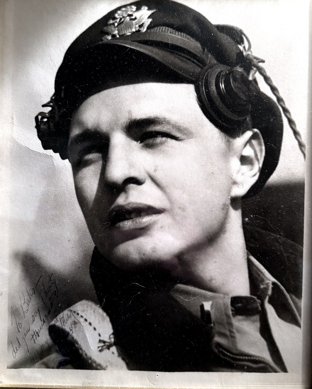 Signed WWII studio portrait of Paul Roscher in U.S. Army Air Forces cap and flight headset