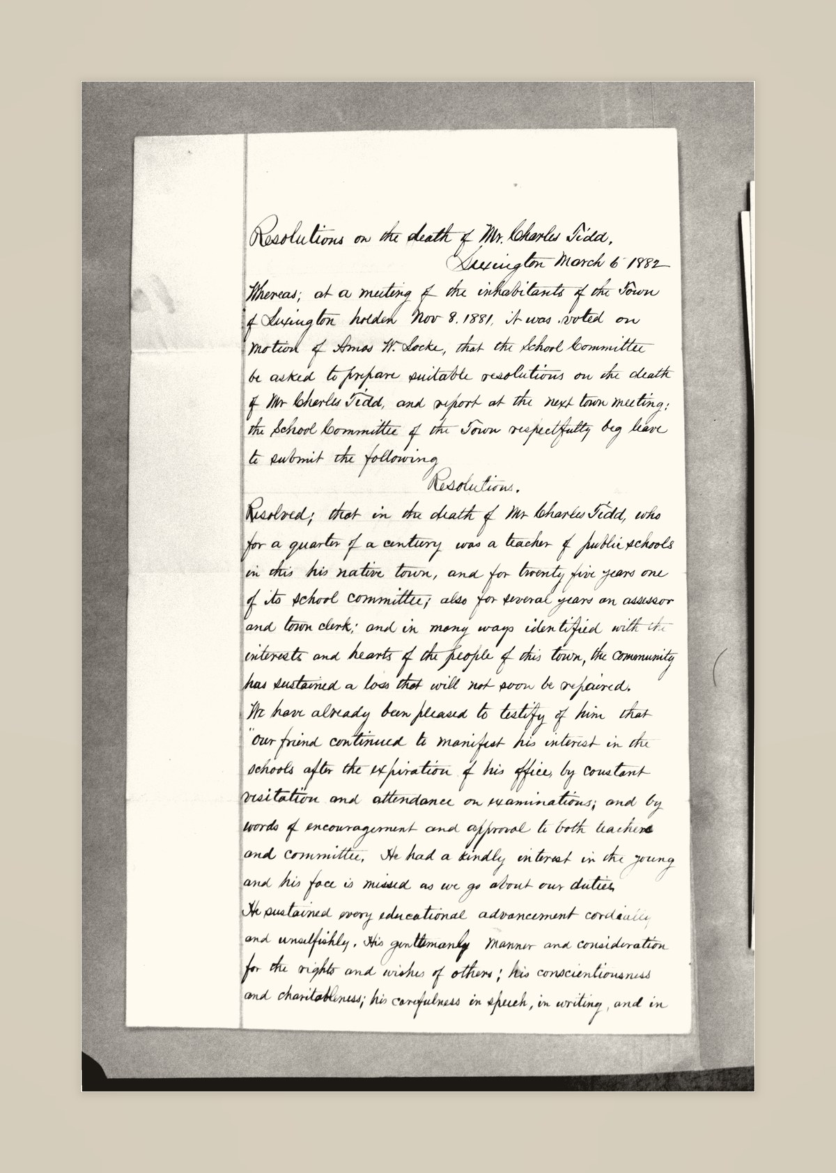 1882 resolutions on the death of Charles Tidd, page 1